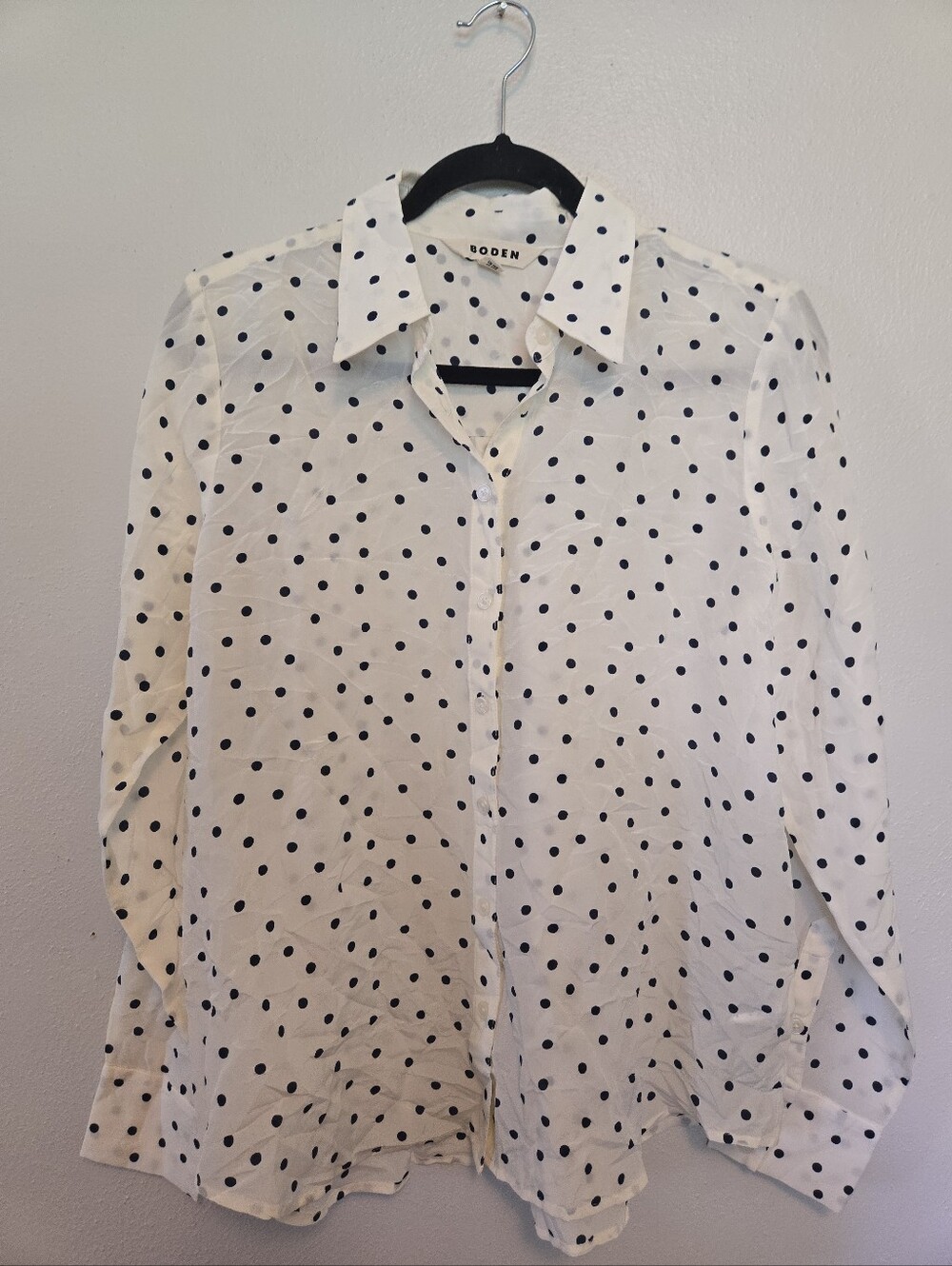 Boden 100% Silk Button Up Blouse White Navy Polka Dot 8